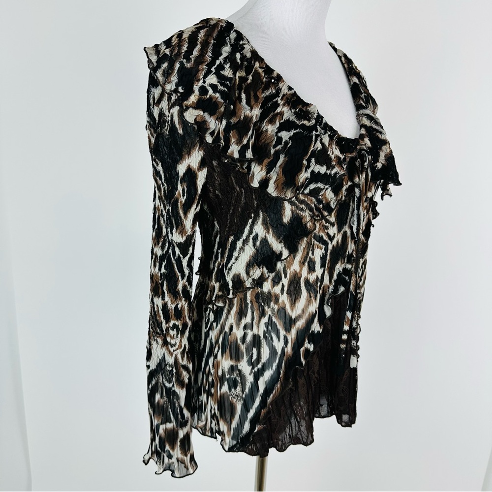 Alberto Makali 90’s Animal Print Ruffle Lace Crinkle Mixed Media Top Size Large - Picture 6 of 15